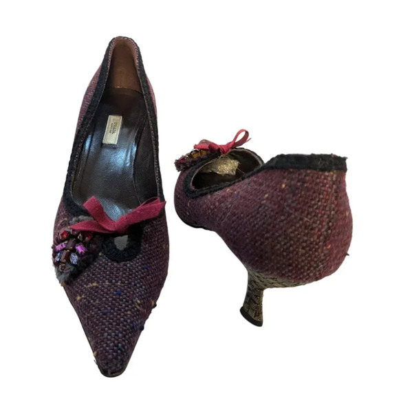 Prada Tweed Jewel Embellished Kitten Heel Pumps / Heels SZ 40 /US SZ10 Gorgeous! - Picture 5 of 11